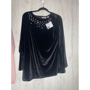 Quacker Factory Velvet Tunic Long-Sleeve with Chunky Stones-Black-medium